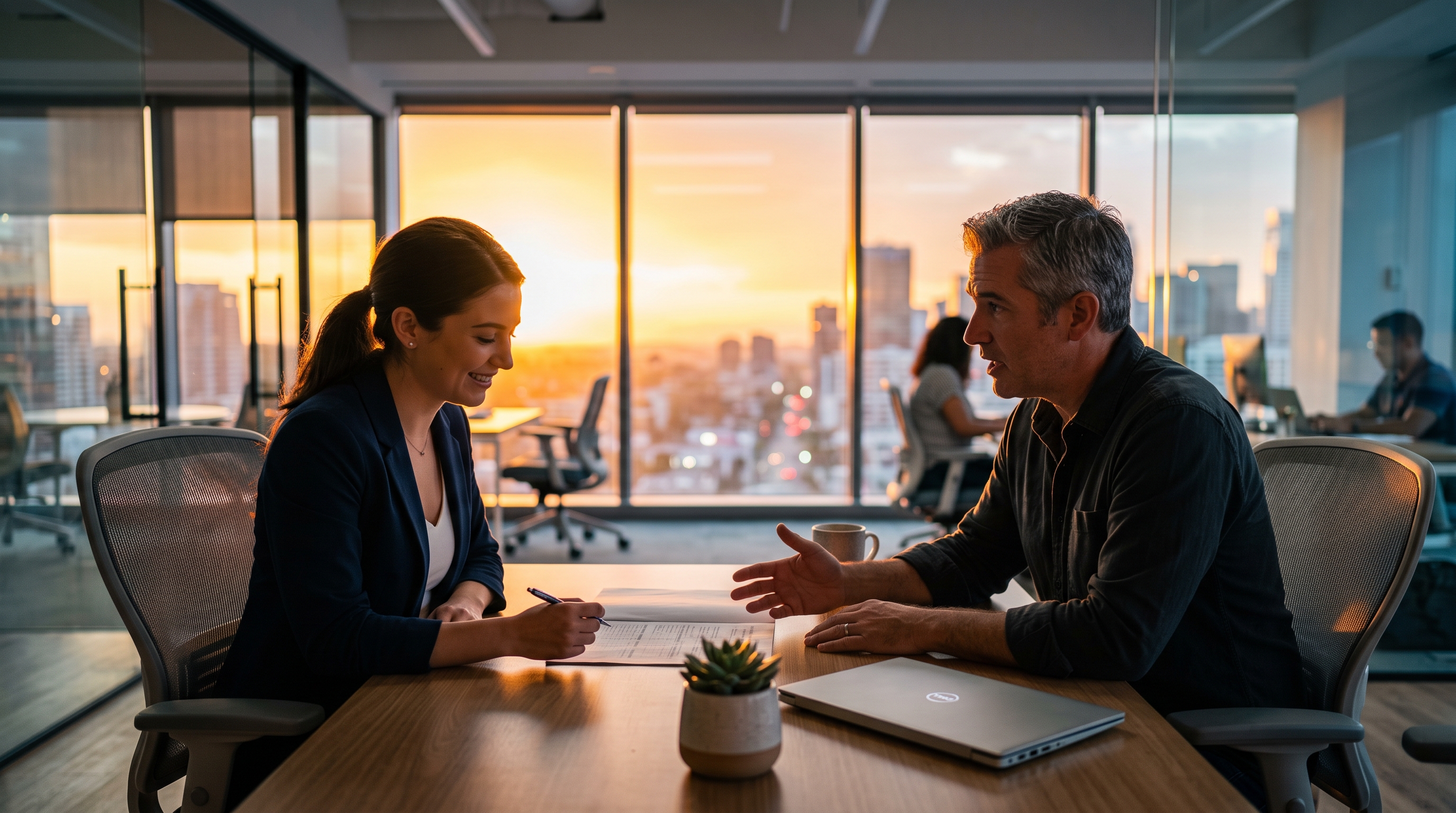Manager and new employee reviewing a 90-day performance evaluation form in an office