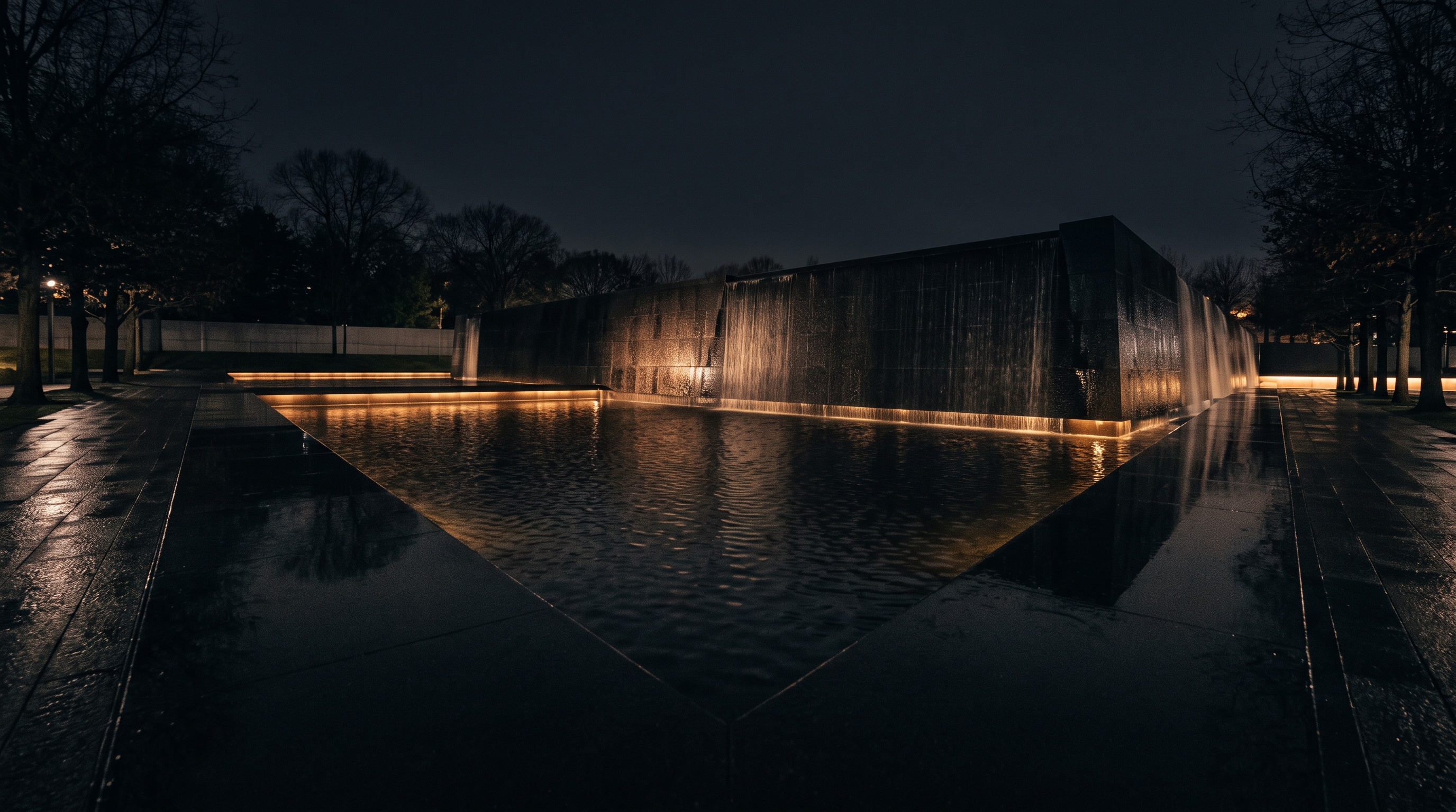 Dark, respectful image of the 9/11 Memorial reflecting pools in lower Manhattan at night