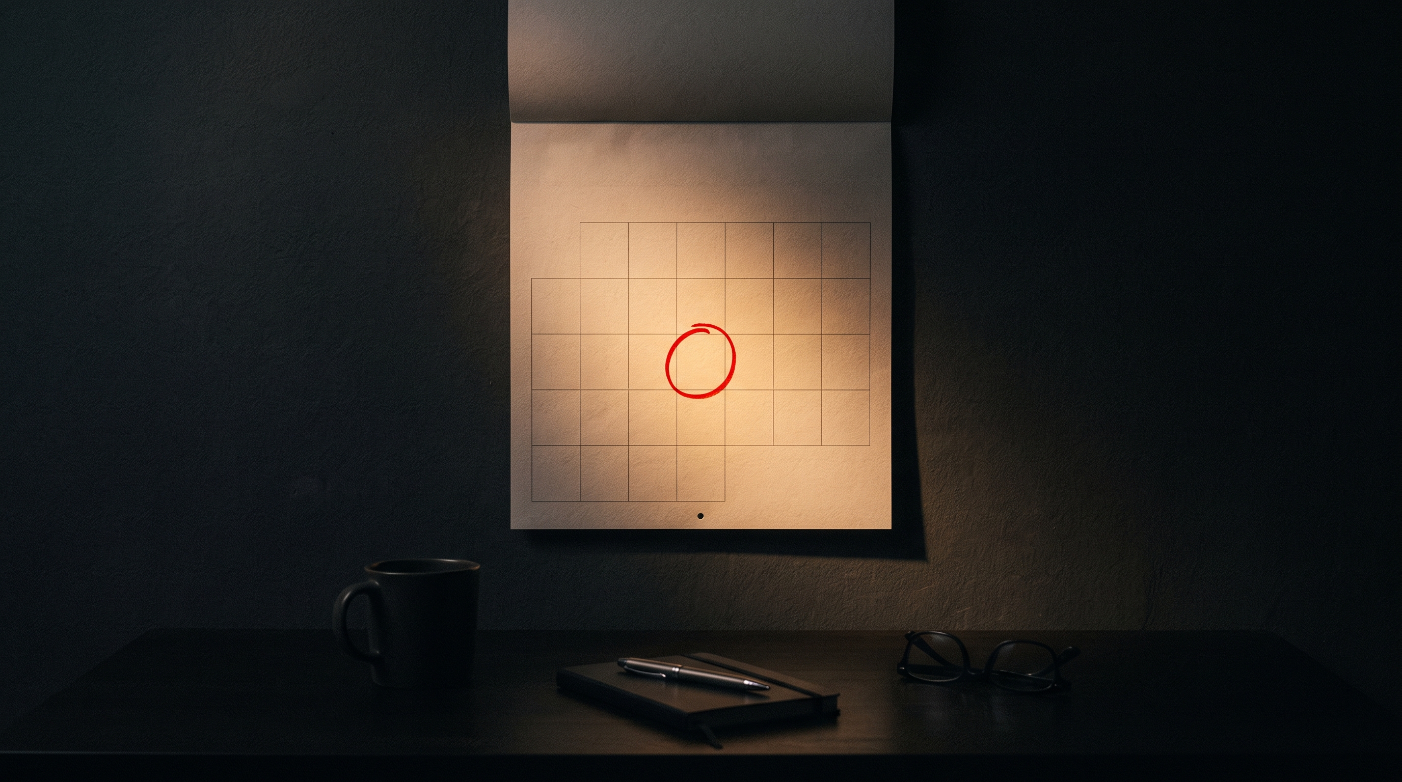 Dark, moody desk calendar showing all 365 days of the year with one day highlighted