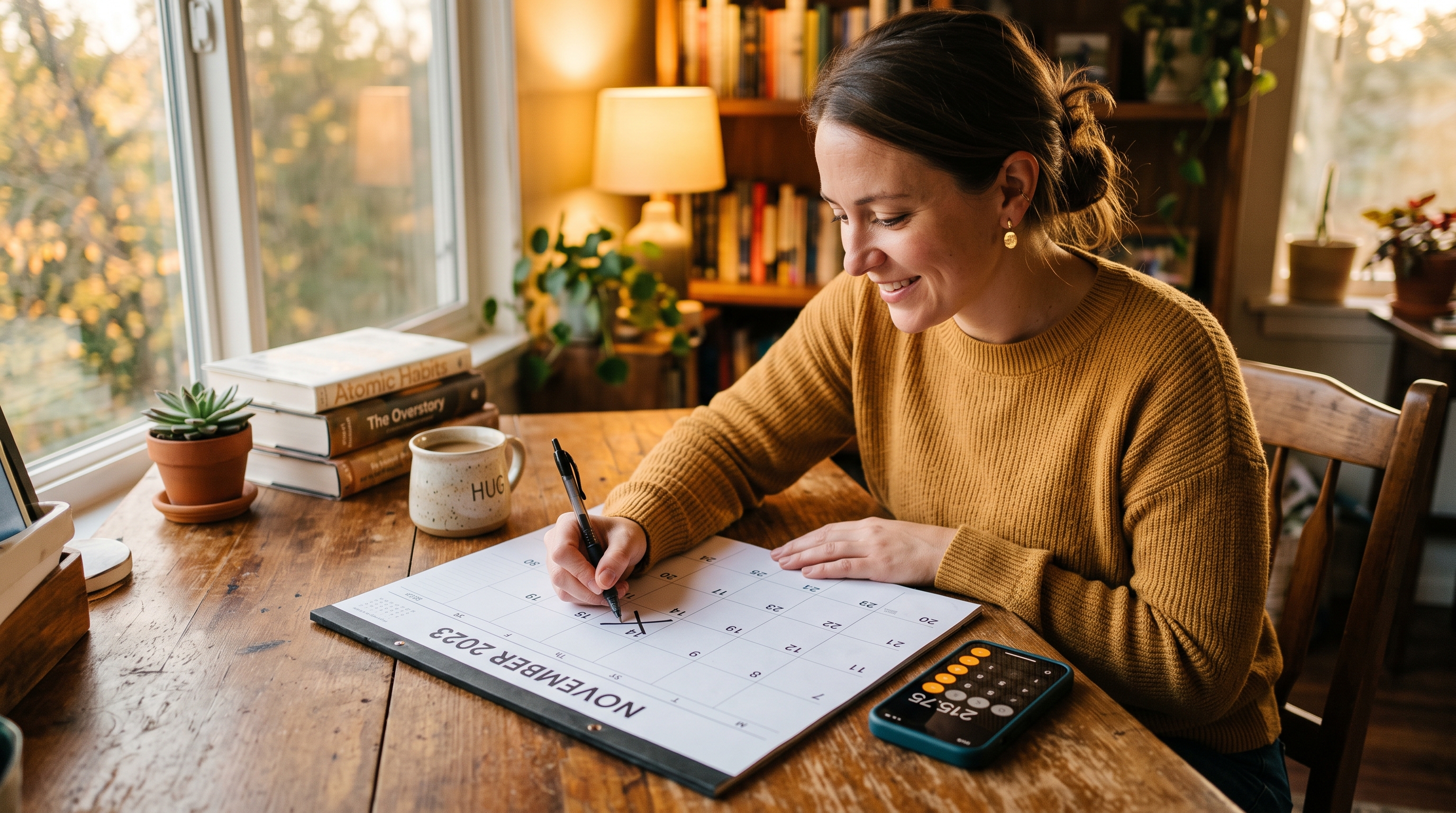 Person marking off days on a desk calendar while calculating a long time span