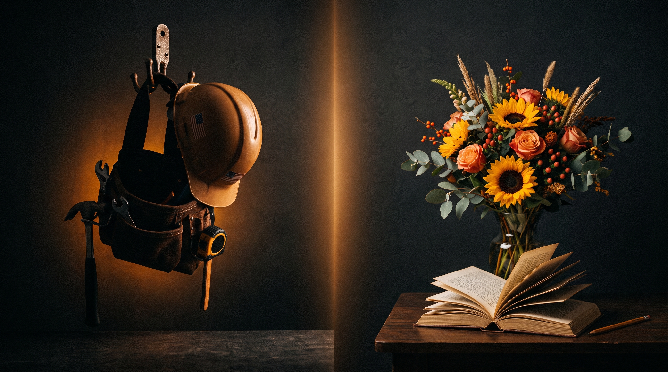 Symbolic split image representing Labor Day in the United States and Knowledge Day in Russia, both tied to September 1