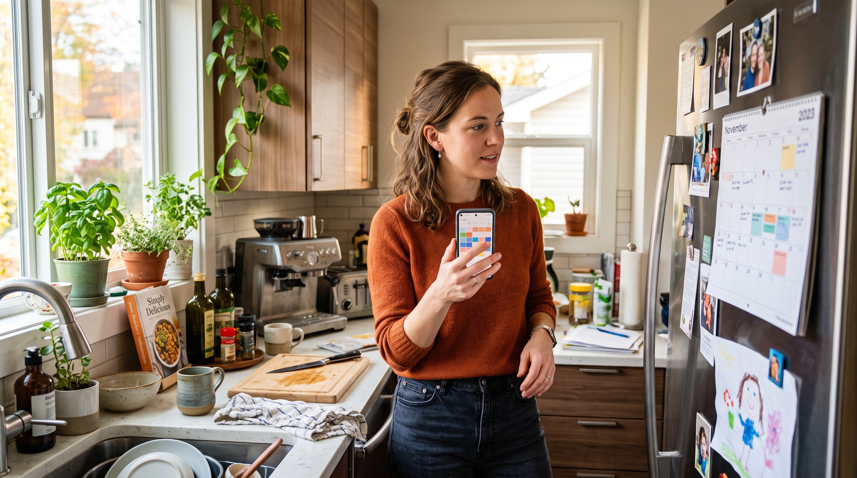 Person checking a wall calendar and phone calendar app side by side to confirm a two-day-ago date