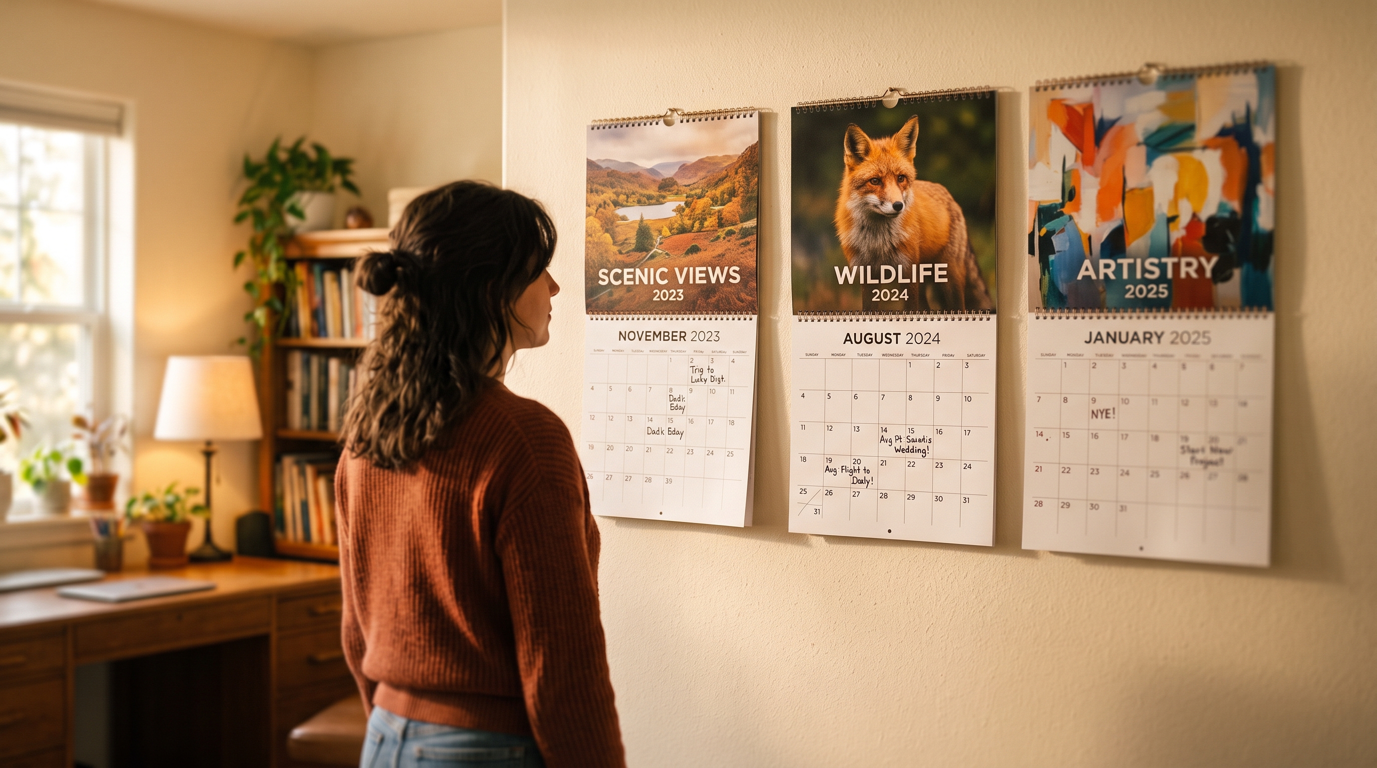 Three consecutive wall calendars mounted side by side showing a 3-year span