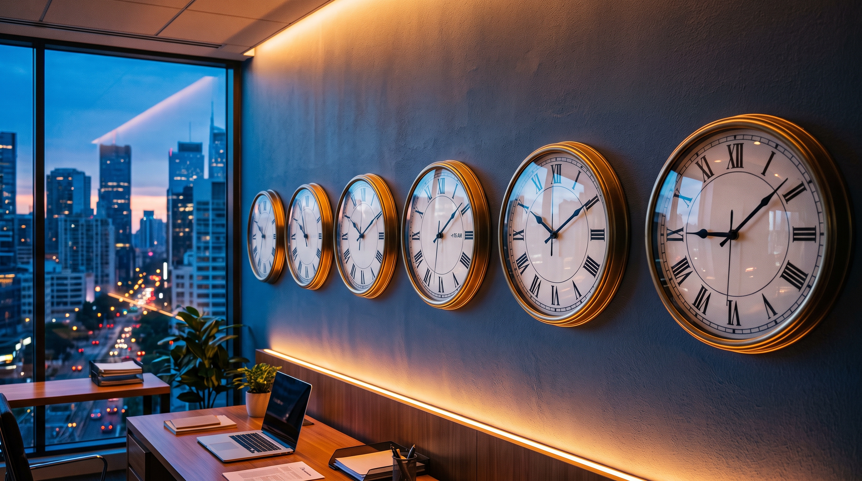 Set of world clocks on a wall showing different times across time zones